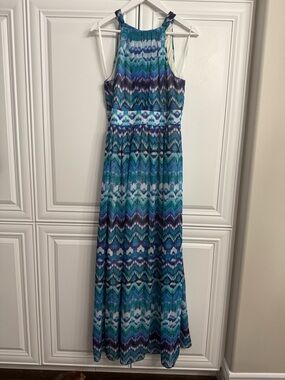 Eliza J. Size 10 Blue and Green Geometric Halter Maxi Dress with Elastic Waist